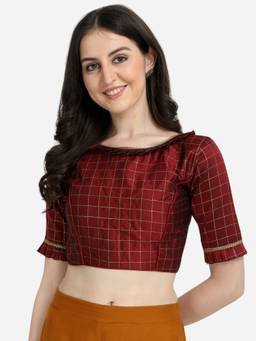 Amrutam Fab - Women's Jacquard Maroon Silk Boat Neck Blouse