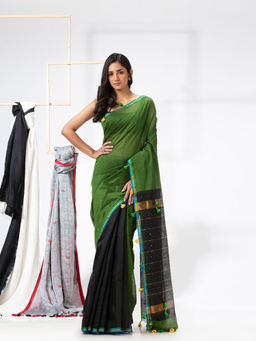 Angoshobha - Green & Black Cotton Blended Festive Handloom Saree with Unstitched Blouse