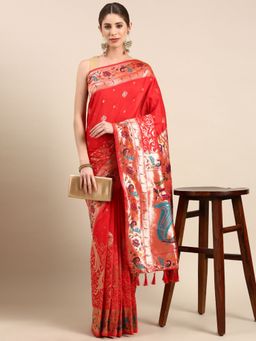 Vastranand - Kanjeevaram Floral Embroidered Woven Design Banarasi Saree with Unstitched Blouse