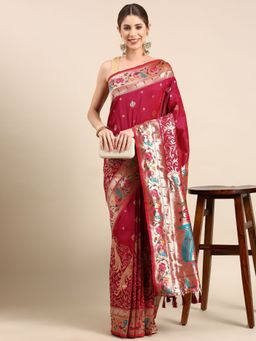 Vastranand - Kanjeevaram Floral Embroidered Woven Design Banarasi Saree with Unstitched Blouse