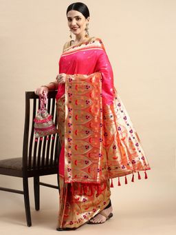 Vastranand - Floral Zari Woven Design Kanjeevaram Banarasi Silk Blend Saree with Unstitched Blouse