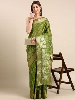 Vastranand - Tissue Zari Polka Dot Embroidered Woven Design Banarasi Saree with Unstitched Blouse