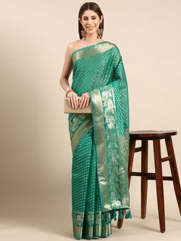 Vastranand - Tissue Zari Polka Dot Embroidered Woven Design Banarasi Saree with Unstitched Blouse
