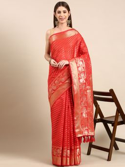 Vastranand - Tissue Zari Polka Dot Embroidered Woven Design Banarasi Saree with Unstitched Blouse
