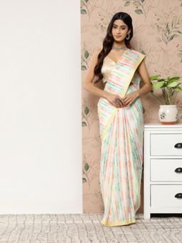 Vastranand - Digital Stripe Satin Saree- Tassel Border with Unstitched Blouse