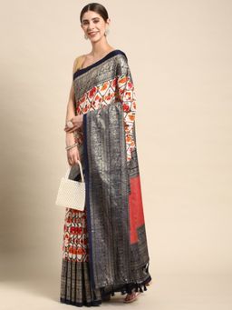 Vastranand - Geometric Woven Zari Border Designer Art Silk Ikkat Banarasi Saree with Unstitched Blouse