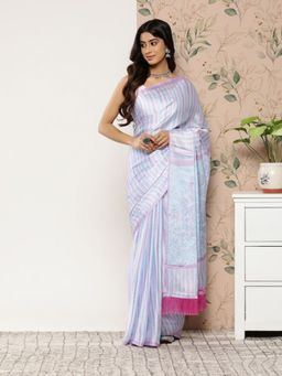 Vastranand - Digital Stripe Pattern Satin Saree with Unstitched Blouse