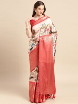 Vastranand - Kalamkari Floral Digital Zari Woven Banarasi Silk Blend Saree with Unstitched Blouse