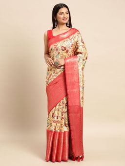 Vastranand - Kalamkari Floral Digital Zari Woven Banarasi Silk Blend Saree with Unstitched Blouse