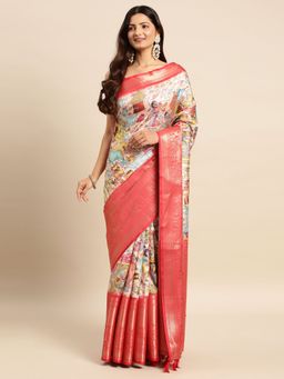 Vastranand - Kalamkari Floral Digital Zari Woven Banarasi Silk Blend Saree with Unstitched Blouse