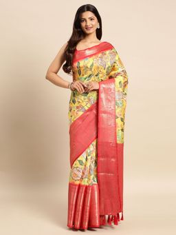 Vastranand - Kalamkari Floral Digital Zari Woven Banarasi Silk Blend Saree with Unstitched Blouse
