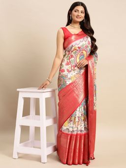 Vastranand - Kalamkari Floral Digital Zari Woven Banarasi Silk Blend Saree with Unstitched Blouse