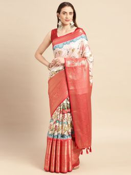 Vastranand - Kalamkari Floral Digital Zari Woven Banarasi Silk Blend Saree with Unstitched Blouse