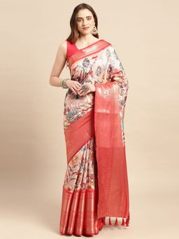 Vastranand - Kalamkari Floral Digital Zari Woven Banarasi Silk Blend Saree with Unstitched Blouse