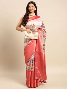 Vastranand - Kalamkari Floral Digital Zari Woven Banarasi Silk Blend Saree with Unstitched Blouse