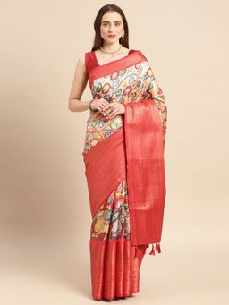 Vastranand - Kalamkari Floral Digital Zari Woven Banarasi Silk Blend Saree with Unstitched Blouse