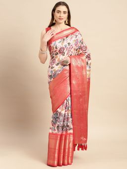 Vastranand - Kalamkari Floral Digital Zari Woven Banarasi Silk Blend Saree with Unstitched Blouse