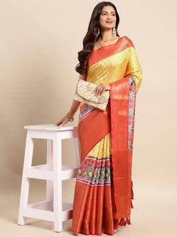Vastranand - Kalamkari Floral Digital Zari Woven Banarasi Silk Blend Saree with Unstitched Blouse
