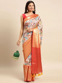 Vastranand - Kalamkari Floral Digital Zari Woven Banarasi Silk Blend Saree with Unstitched Blouse