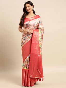 Vastranand - Kalamkari Floral Digital Zari Woven Banarasi Silk Blend Saree with Unstitched Blouse