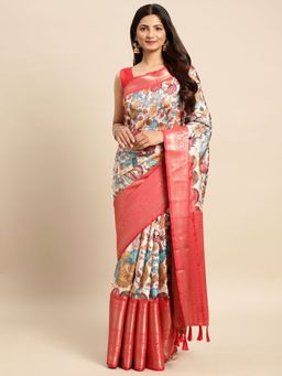 Vastranand - Kalamkari Floral Digital Zari Woven Banarasi Silk Blend Saree with Unstitched Blouse