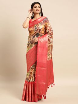 Vastranand - Kalamkari Floral Digital Zari Woven Banarasi Silk Blend Saree with Unstitched Blouse