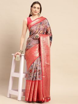 Vastranand - Kalamkari Floral Digital Zari Woven Banarasi Silk Blend Saree with Unstitched Blouse