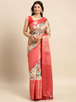 Vastranand - Kalamkari Floral Digital Zari Woven Banarasi Silk Blend Saree with Unstitched Blouse
