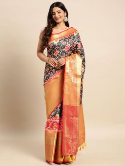 Vastranand - Kalamkari Floral Digital Zari Woven Banarasi Silk Blend Saree with Unstitched Blouse
