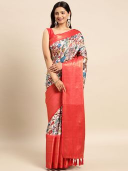 Vastranand - Kalamkari Floral Digital Zari Woven Banarasi Silk Blend Saree with Unstitched Blouse