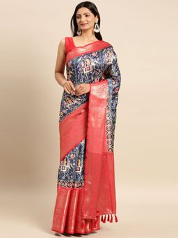 Vastranand - Kalamkari Floral Digital Zari Woven Banarasi Silk Blend Saree with Unstitched Blouse