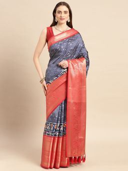 Vastranand - Kalamkari Floral Digital Zari Woven Banarasi Silk Blend Saree with Unstitched Blouse