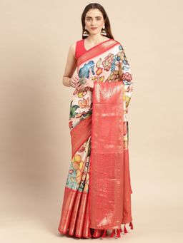 Vastranand - Kalamkari Floral Digital Zari Woven Banarasi Silk Blend Saree with Unstitched Blouse