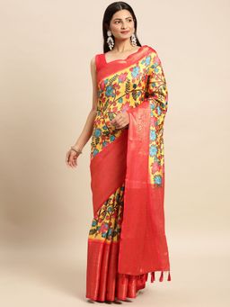 Vastranand - Kalamkari Floral Digital Zari Woven Banarasi Silk Blend Saree with Unstitched Blouse