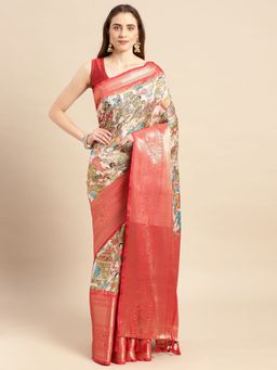 Vastranand - Kalamkari Floral Digital Zari Woven Banarasi Silk Blend Saree with Unstitched Blouse