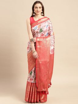 Vastranand - Kalamkari Floral Digital Zari Woven Banarasi Silk Blend Saree with Unstitched Blouse