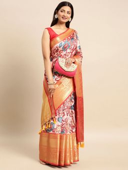 Vastranand - Kalamkari Floral Digital Zari Woven Banarasi Silk Blend Saree with Unstitched Blouse