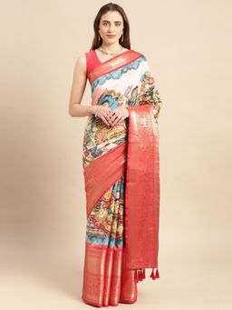 Vastranand - Kalamkari Floral Digital Zari Woven Banarasi Silk Blend Saree with Unstitched Blouse
