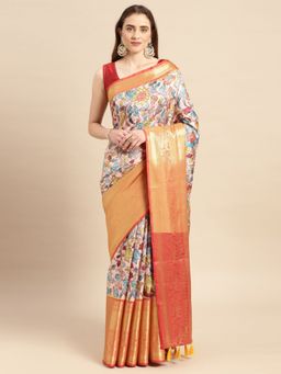 Vastranand - Kalamkari Floral Digital Zari Woven Banarasi Silk Blend Saree with Unstitched Blouse