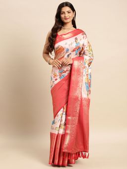 Vastranand - Kalamkari Floral Digital Zari Woven Banarasi Silk Blend Saree with Unstitched Blouse