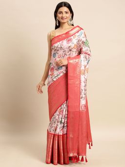 Vastranand - Kalamkari Floral Digital Zari Woven Banarasi Silk Blend Saree with Unstitched Blouse