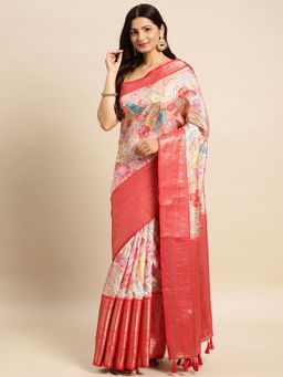 Vastranand - Kalamkari Floral Digital Zari Woven Banarasi Silk Blend Saree with Unstitched Blouse