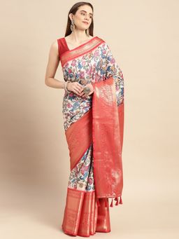 Vastranand - Kalamkari Floral Digital Zari Woven Banarasi Silk Blend Saree with Unstitched Blouse