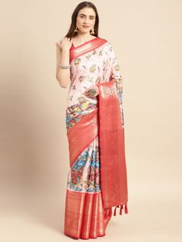 Vastranand - Kalamkari Floral Digital Zari Woven Banarasi Silk Blend Saree with Unstitched Blouse