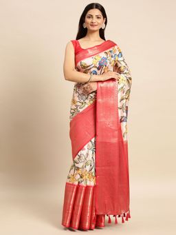 Vastranand - Kalamkari Floral Digital Zari Woven Banarasi Silk Blend Saree with Unstitched Blouse