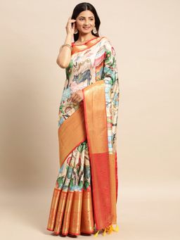 Vastranand - Kalamkari Floral Digital Zari Woven Banarasi Silk Blend Saree with Unstitched Blouse