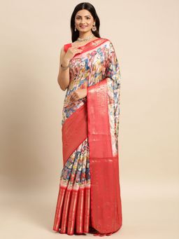 Vastranand - Kalamkari Floral Digital Zari Woven Banarasi Silk Blend Saree with Unstitched Blouse