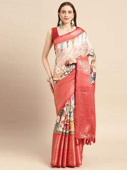 Vastranand - Kalamkari Floral Digital Zari Woven Banarasi Silk Blend Saree with Unstitched Blouse