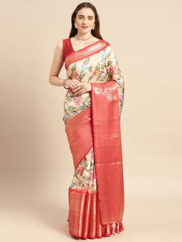 Vastranand - Kalamkari Floral Digital Zari Woven Banarasi Silk Blend Saree with Unstitched Blouse