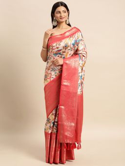 Vastranand - Kalamkari Floral Digital Zari Woven Banarasi Silk Blend Saree with Unstitched Blouse